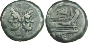 Sur un as du IIe siècle av. J.-C., une tête de Janus bifrons («à deux visages») et une proue de navire.