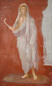 Saturne tenant une faucille dans la main droite (fresque de la maison des Dioscures à Pompéi, musée archéologique de Naples).