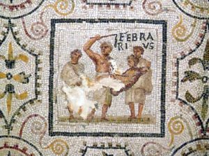 Mosaïque du calendrier de Thysdrus (El Djem) représentant une scène des Lupercales pour le mois de février, Musée archéologique de Sousse.