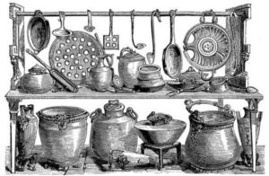 Gravure ancienne représentant des ustensiles de cuisine trouvés à Pompéi.