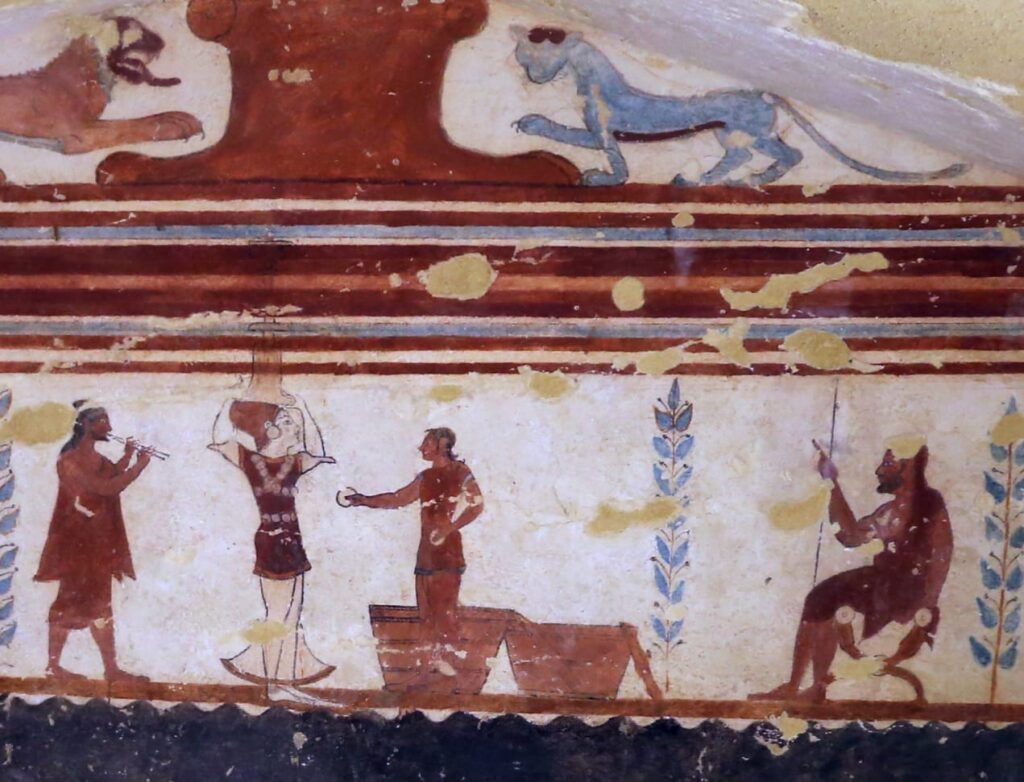 On a fresco in the Tomb of the Jugglers, at Tarquinia, hooped wooden wine vats.