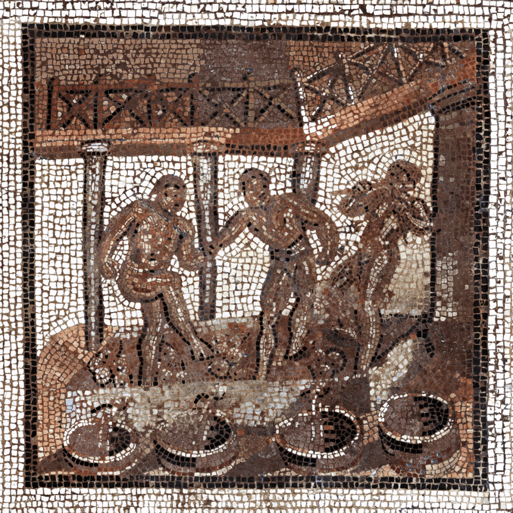 Le foulage du raisin sur une mosaïque d'une villa gallo‑romaine de Saint‑Romain‑en‑Gal (Rhône), début du IIIe siècle de notre ère, musée de Saint‑Germain‑en‑Laye.