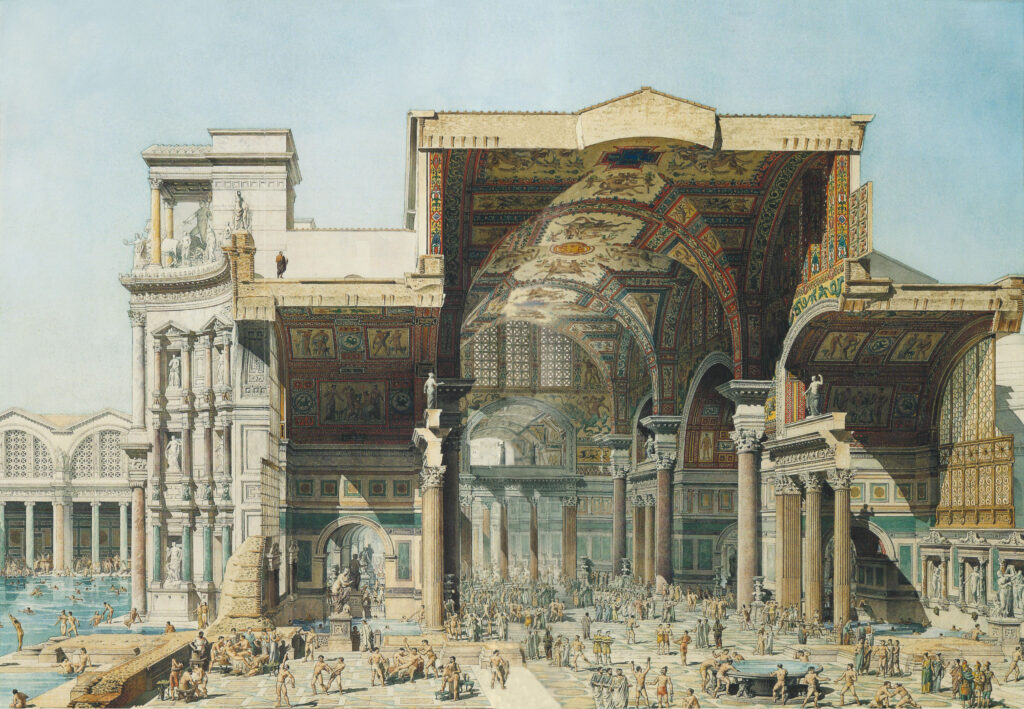 Coupe des thermes de Dioclétien, rendu par l'architecte français Edmond Paulin, 1880.