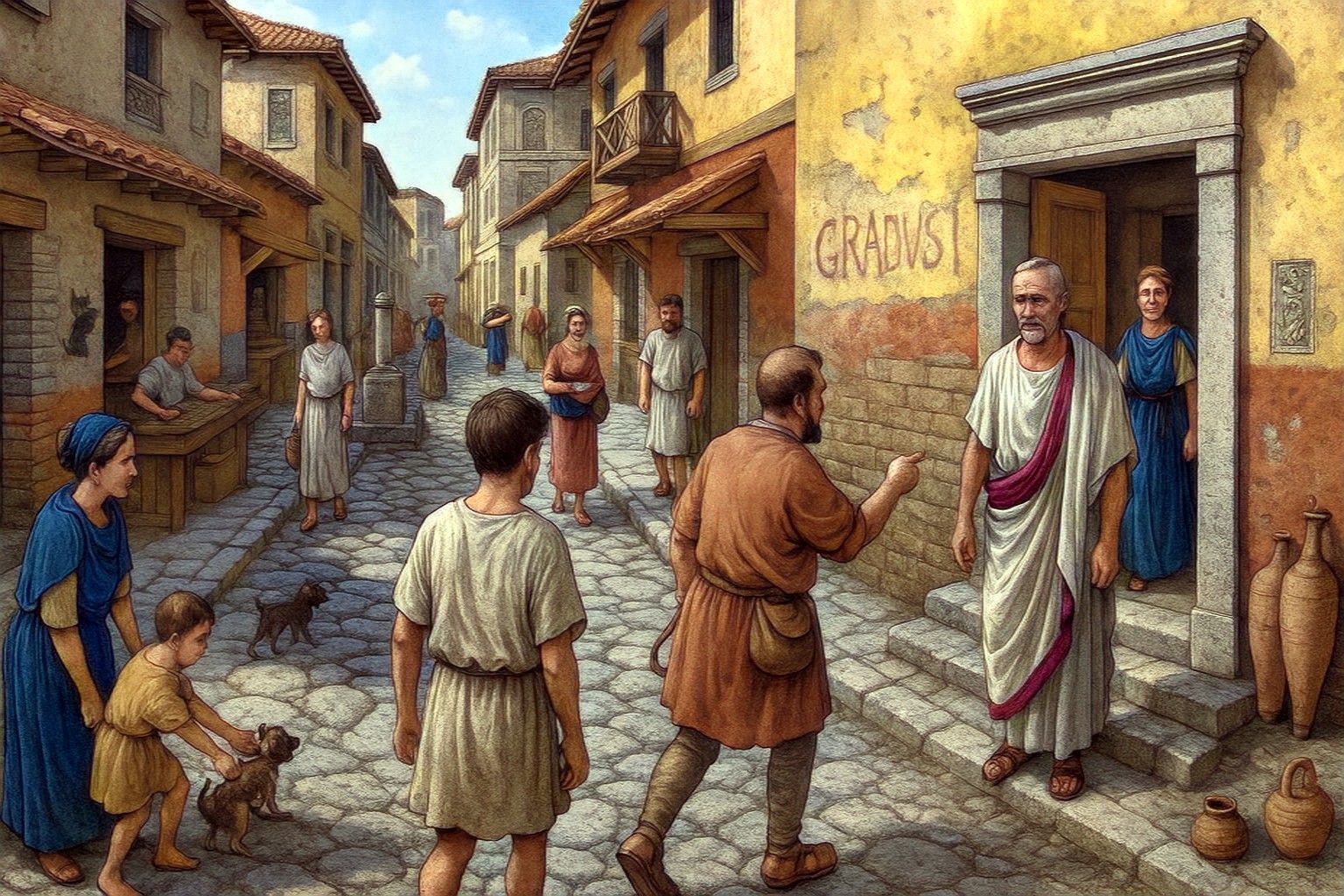 Illustration du jeu Ludus Gradus I, Pompéi en 79 apr. J.-C.