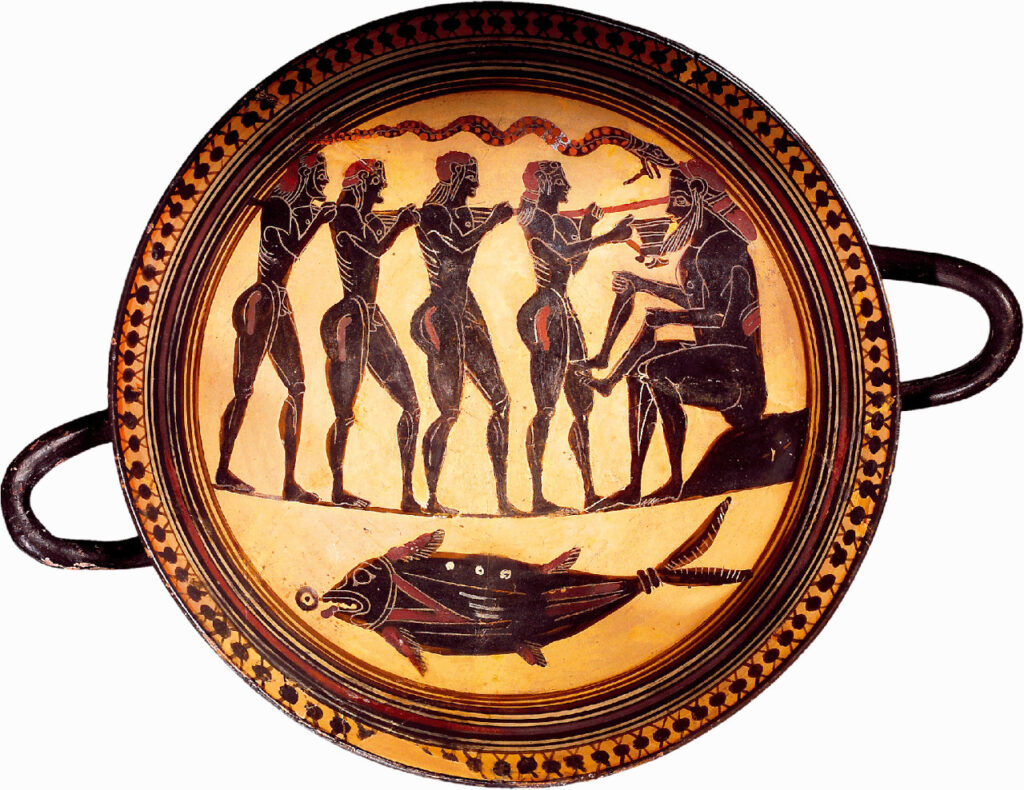 Ulysse offre du vin à Polyphème pour l’enivrer, prélude à son aveuglement, dans une représentation archaïque condensant plusieurs épisodes du chant IX de l’Odyssée. Coupe laconienne, vers 560–550 av. n.è., BnF.